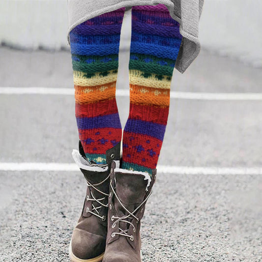 Vintage Colorblock Patchwork Rainbow Multicolored Cozy Knit Leggings elevenforest