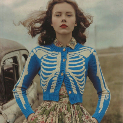 Women's Vintage Skull Ribs Pattern Cozy Knit Sweater Cardigan artswardrobe