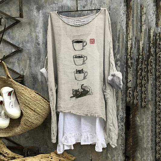 Women's Cat Coffee Cup Japanese Art Painting Print Blouse elevenforest