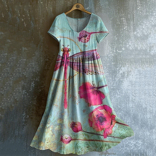 Women's Vintage Dragonfly Floral Art Cotton And Linen Dress artswardrobe
