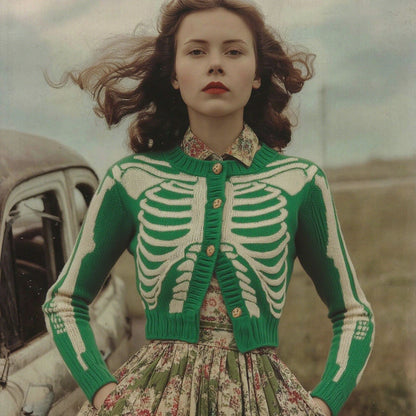 Women's Vintage Skull Ribs Pattern Cozy Knit Sweater Cardigan artswardrobe