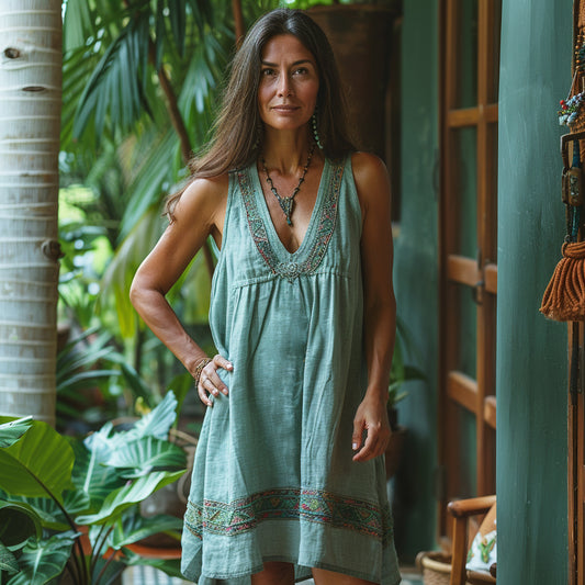 Comstylish Retro Boho Tribal Art Embroidery Print Cotton And Linen V-neck Sleeveless Midi Dress