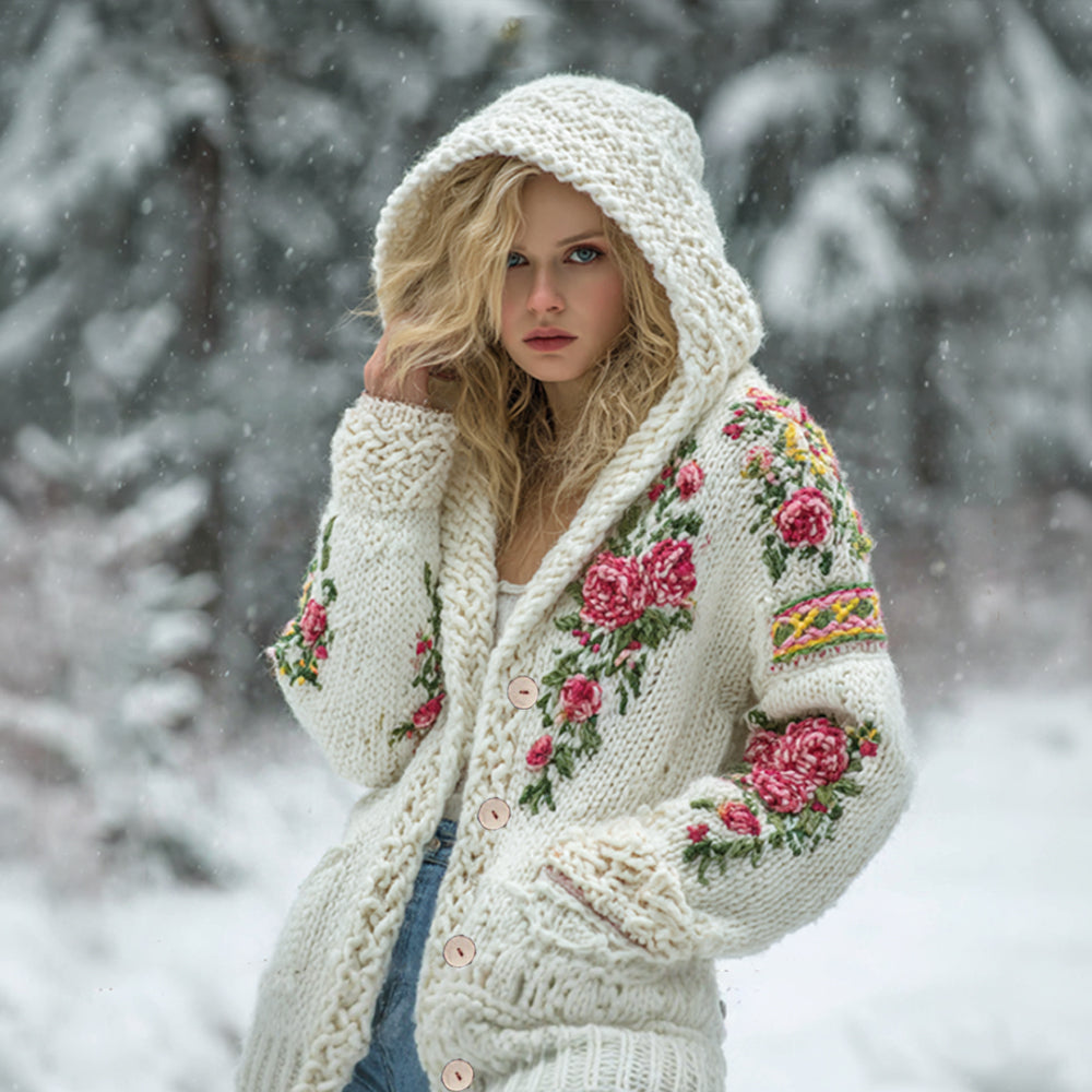 Women's Viking Style Pink Rose Hooded Cardigan Sweater artswardrobe