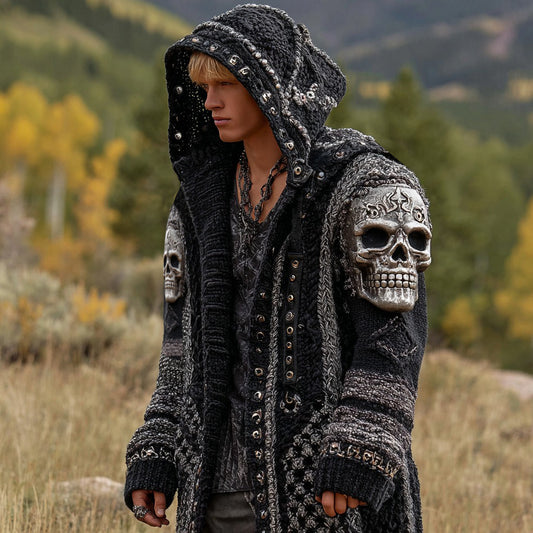 Men's Dark Style Skull Inspired Knitted Cozy Zipper Up Midi Hooded Cardigan elevenforest