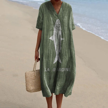 Comstylish Women'S Sardine Fish Art Pattern Linen Blend Dress