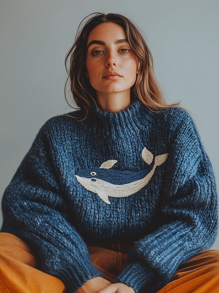 Jersey de algodón de punto grueso con motivo de ballena bordado, color azul océano