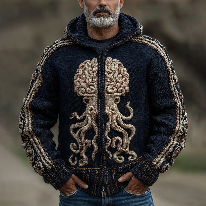 Cthulhu Octopus Human Brain Anatomy Inspired Celtic Knot Jacquard Zipper Hooded Cardigan artswardrobe