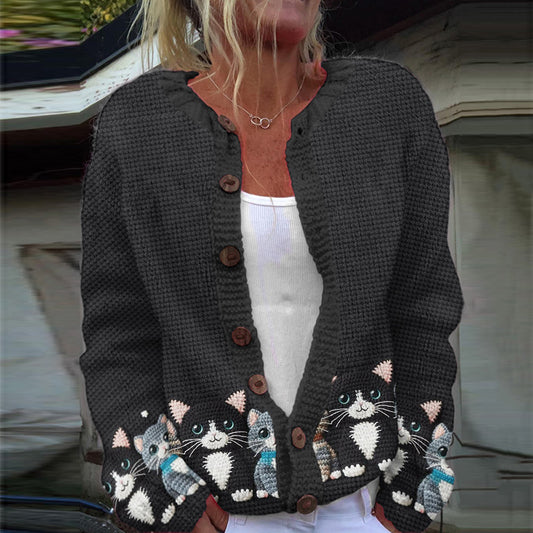 Cute Cat Print Long Sleeve Casual Knitted Cardigan elevenforest