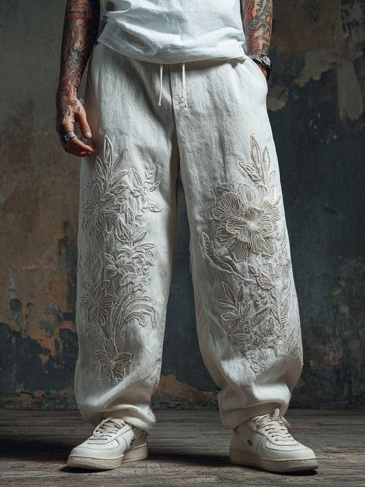 Men's Floral Lace Embroidered Casual Linen Pants artswardrobe