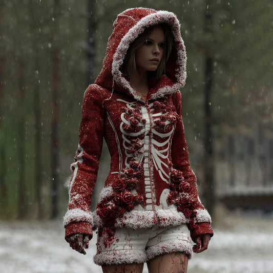 Comstylish Women's Vintage Halloween Skeleton & Rose Art Zipper Hooded Sweater
