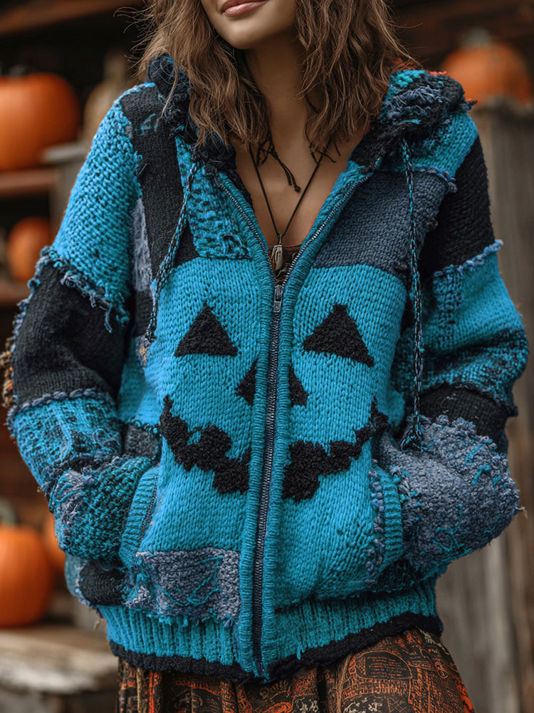 Patchwork Halloween Pumpkin Face Art  Cozy Knit Hooded Cardigan elevenforest