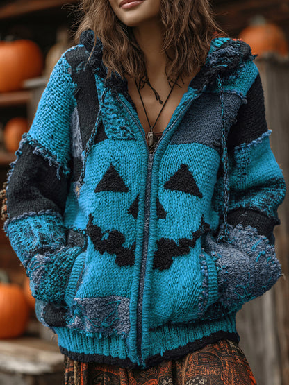 Patchwork Halloween Pumpkin Face Art  Cozy Knit Hooded Cardigan elevenforest