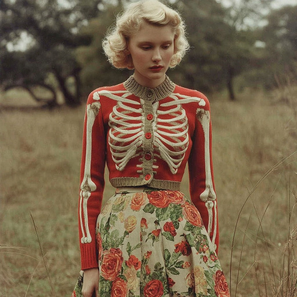 Women's Retro Rose Skull Anatomy Cozy Knitted Sweater Cardigan artswardrobe