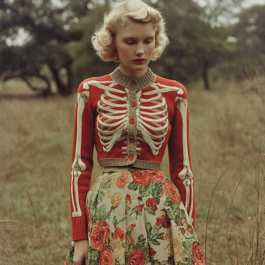 Women's Retro Rose Skull Anatomy Cozy Knitted Sweater Cardigan artswardrobe