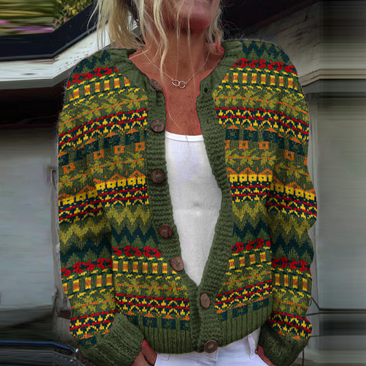 Icelandic Ethnic Print Long Sleeve Knitted Cardigan elevenforest