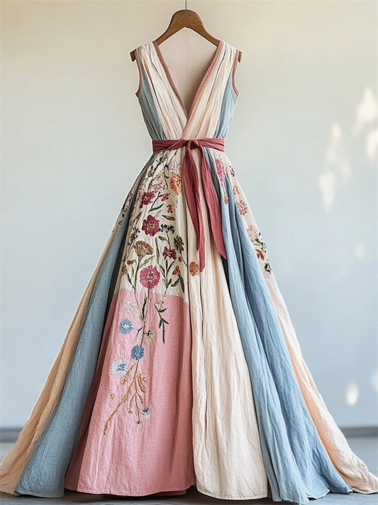 Boho Floral Transgender Colorblock Linen Maxi Dress artswardrobe