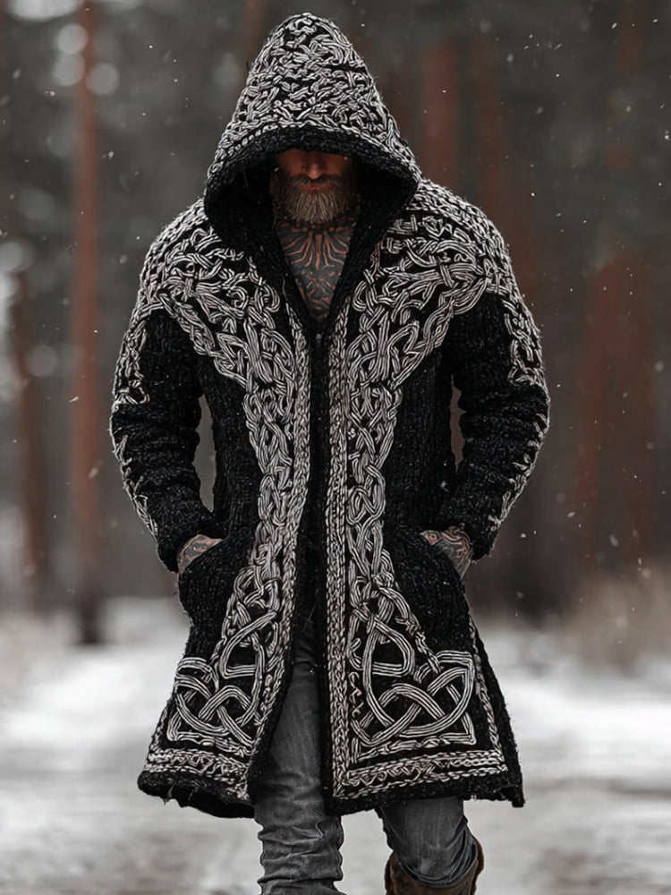 Men's Viking Style Celtic Knot Thick Needle Hooded Long Cardigan Sweater artswardrobe
