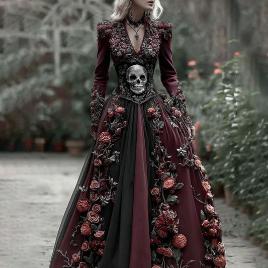Comstylish Vintage Skull Skeleton And Red Roses Flowy Maxi Dress