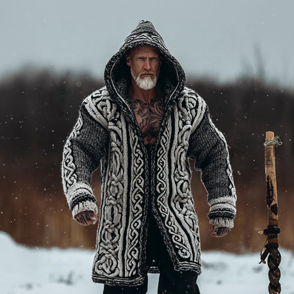 Viking Retro Style Men's Winter Warm Hooded Knit Sweater Cardigan Jacket artswardrobe