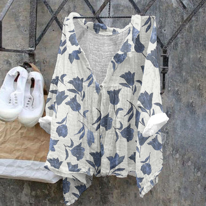 Comstylish Ladies Floral Pattern Casual Cotton Linen Shirt