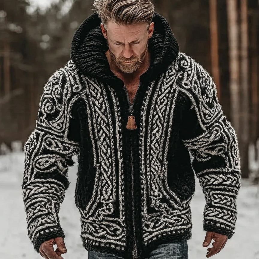 Men's Vintage Viking Celtic Knot Art Zip-up Chunky Knit Hooded Cardigan artswardrobe