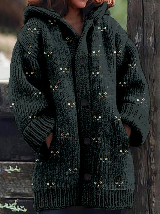Cute Cat Face Pattern Cozy Hooded Knit Cardigan elevenforest