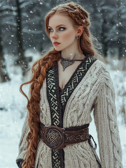 Medieval Contrast Hem Cable Knit Cozy Long Cardigan elevenforest