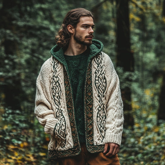 Men's Ireland Celtic Knot Knit Zipper Hooded Cropped Cardigan elevenforest