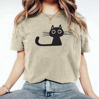 Comstylish Cute Cat Print Crew Neck Vintage Cozy T Shirt