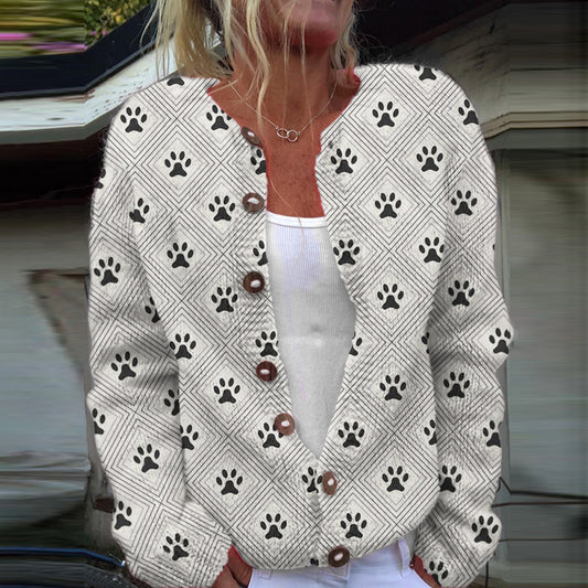Comstylish Dog Paw Art Print Long Sleeved Knitted Cardigan