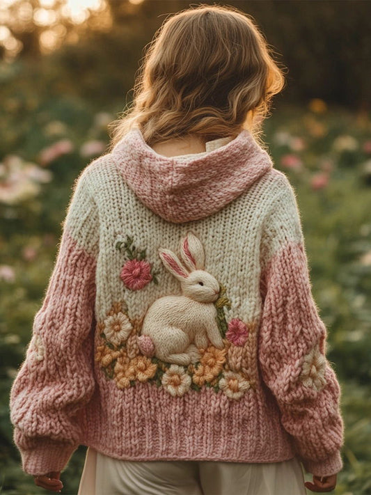 Women's Bunny & Floral Embroidery Cozy Knit Hooded Cardigan elevenforest