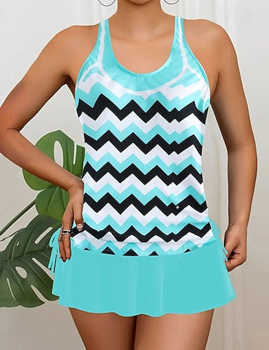 Swimwear 2 Piece Skirt Swimsuit Backless Vacation Beach Wear Graphic Round Neck Sleeveless Bathing Suits