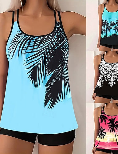 Tankini 2 Piece Swimsuit Palm Boy Leg Tummy Control High Waist Slim Backless Vacation Beach Wear Leaves U Neck Sleeveless Bathing Suits