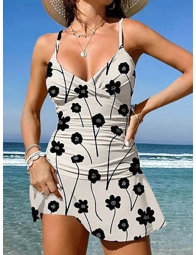 Swimwear One Piece Skirt Swimsuit Vacation Graphic V Neck Sleeveless Bathing Suits