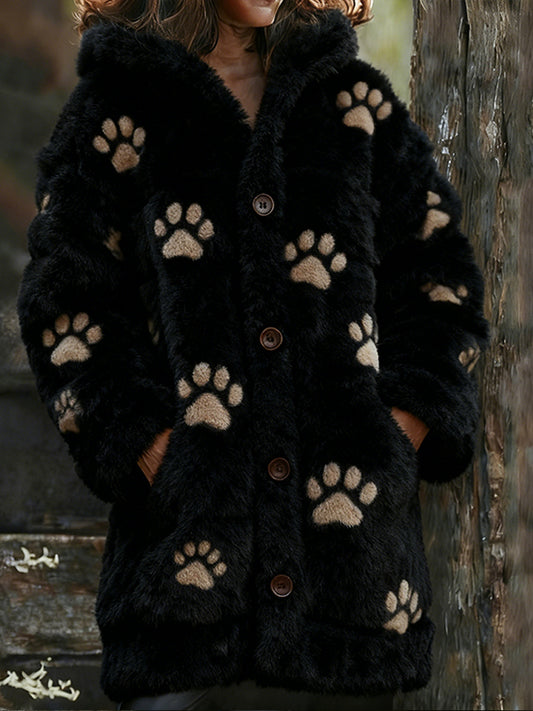 Comstylish Soft Cat Paw Pad Plush Long Hooded Cardigan