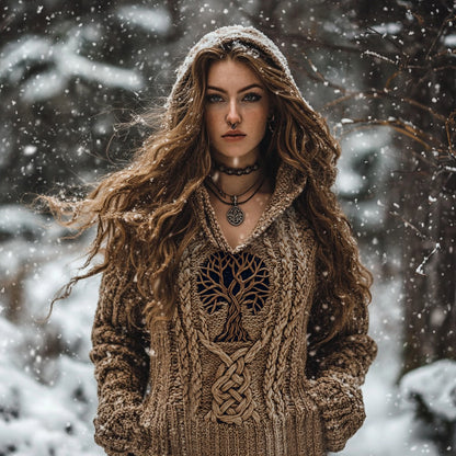 Women's Viking Tribal Runes Life Of Tree Chunky Knit Hooded Sweater artswardrobe