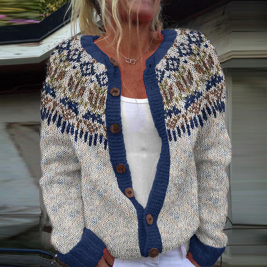 Vintage Geometry Contrast Jacquard Button Cozy Sweater elevenforest