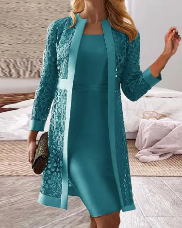 KS | Conjunto de dos piezas - vestido con cárdigan de encaje para mujer