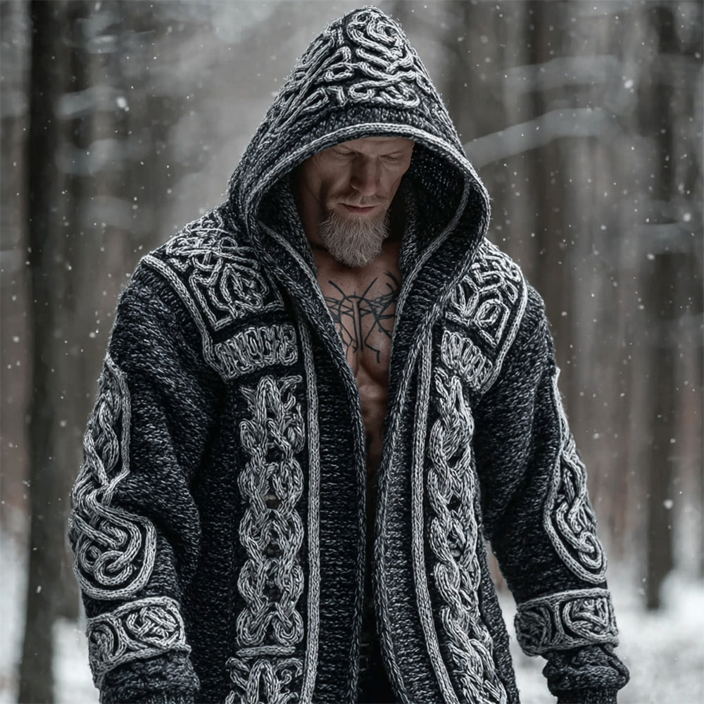 Viking Celtic Knot Men's Chunky Knit Hooded Sweater Cardigan artswardrobe