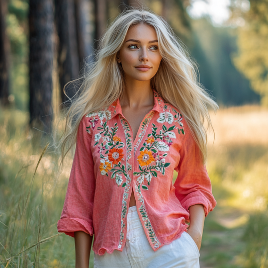 Vintage Bohemian Floral Embroidered Linen Shirt artswardrobe
