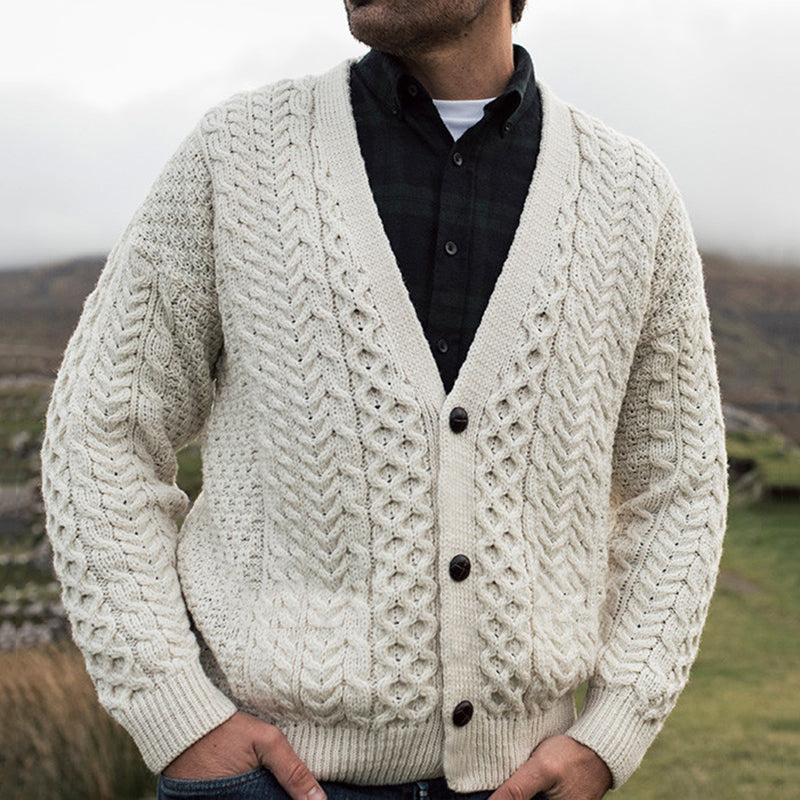 Men's Merino Wool Aran V-Neck Sweater Cardigan artswardrobe