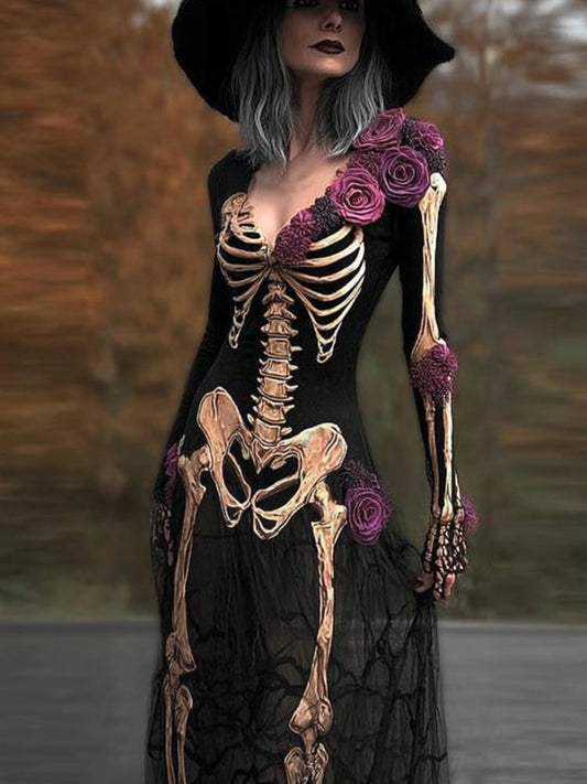 Comstylish Halloween Human Anatomy And Floral V-neck Long Sleeved Dress