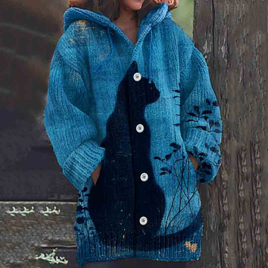 Vintage Black Cat And Floral Cozy Cardigan Sweater elevenforest