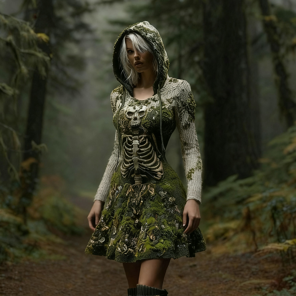 Halloween Dark Forest Ladies' Knit Hooded Cardigan Dress artswardrobe