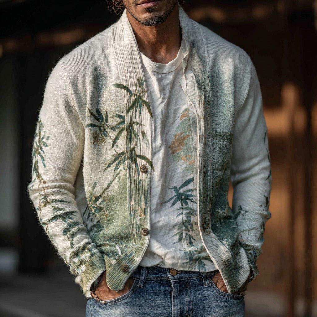 Men's Retro Japanese Bamboo Forest Art Knitted Cardigan Sweater elevenforest