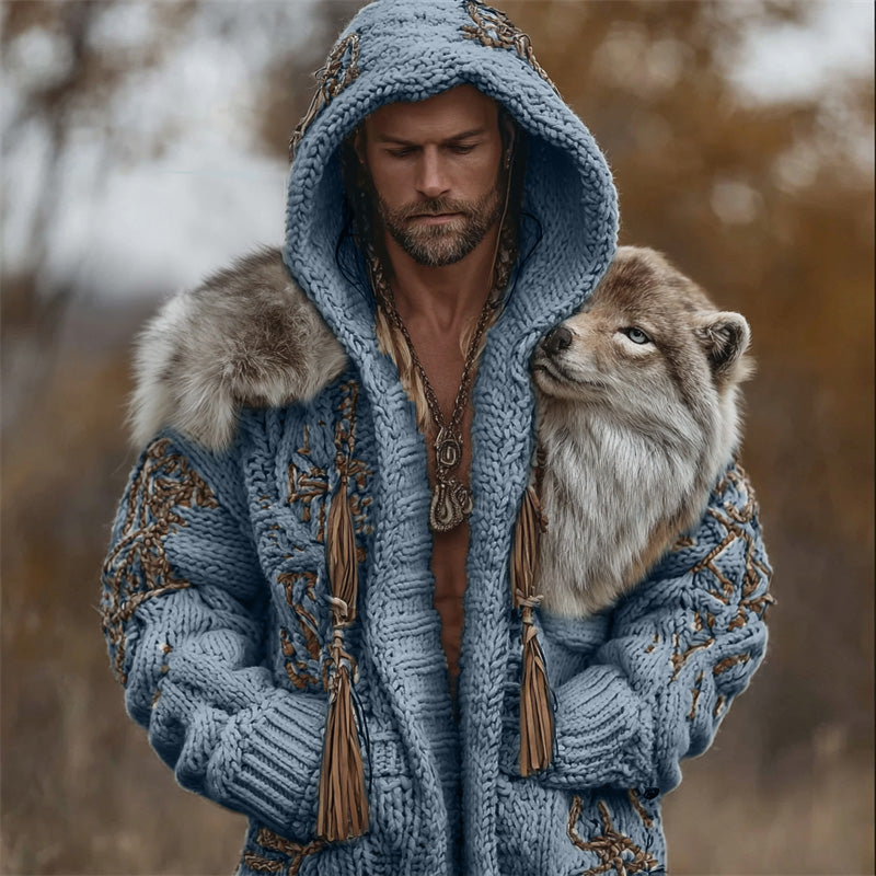 Men's Vintage Western Wild Wolf Chunky Hooded Cardigan artswardrobe