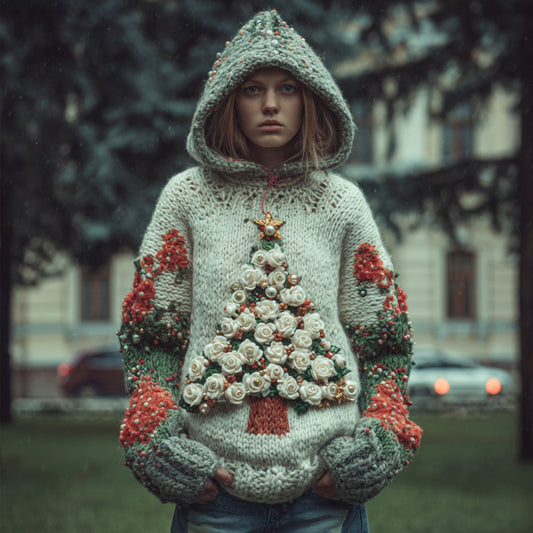 Comstylish Women Vintage Christmas Stars Christmas Tree Vintage Color Warm Hooded Sweater
