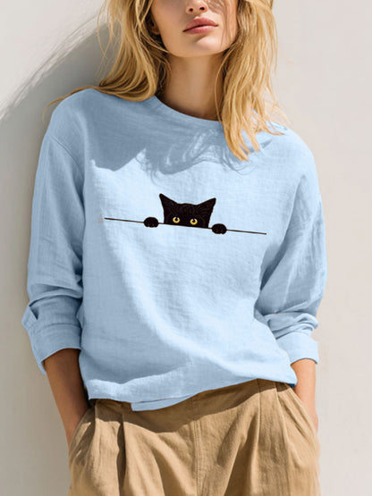Comstylish Women's Casual Funny Black Cat Print T-shirt