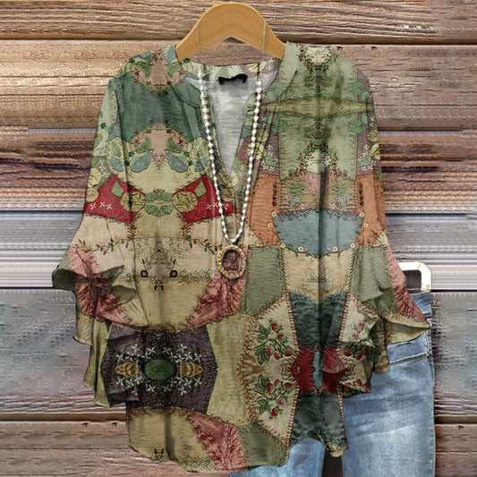 Women's Vintage Patchwork Art Print Casual Cotton And Linen Shirt