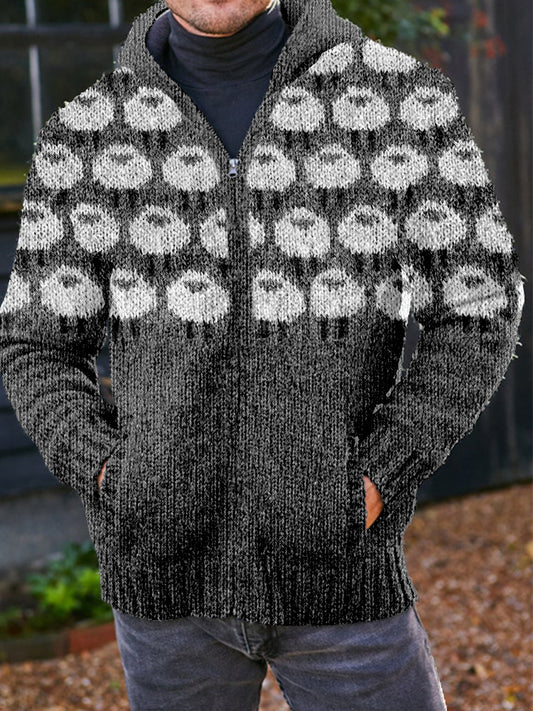 Men's Vintage Sheep Icelandic Pattern Cozy Full Zip Hooded Cardigan elevenforest
